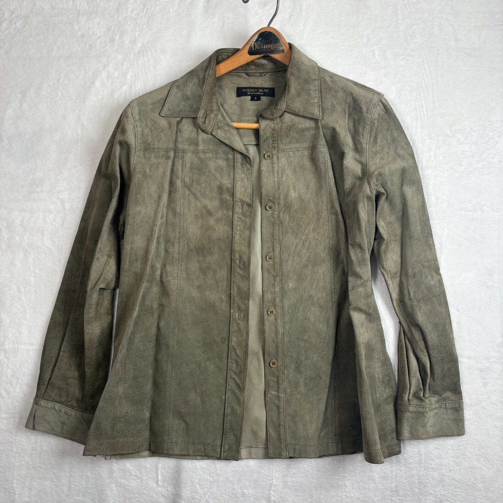 Golden Bear Green Leather Long Sleeve‎ Collar Button Down Jacket Womens Small